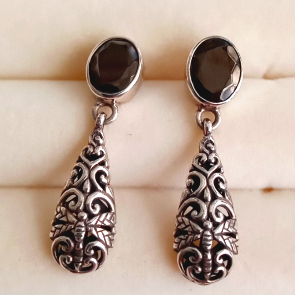 BALI LEGACY SILVER SHUNGITE EARRINGS WITH DRAGONFLY